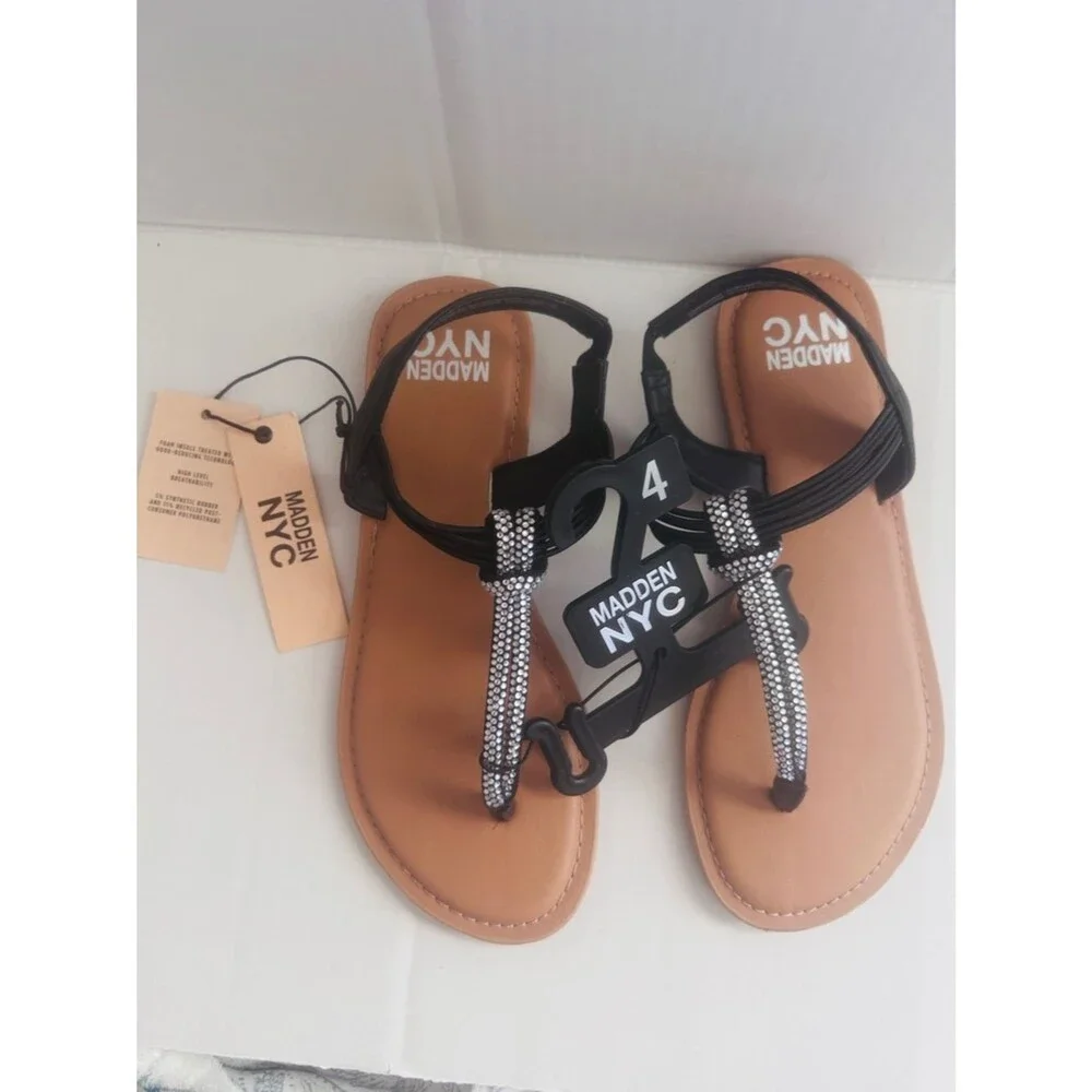 Madden NYC Girls' Black Rhinestone T-Strap Sandals